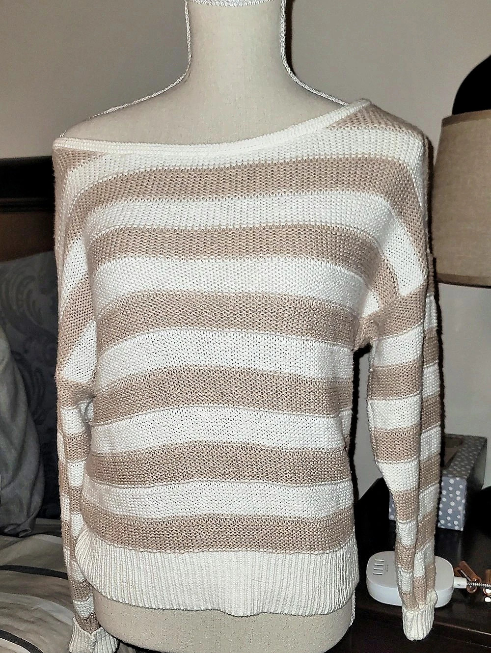 Abercrombie & Fitch Striped Cotton Off The Shoulder Sweater in White & Brown S